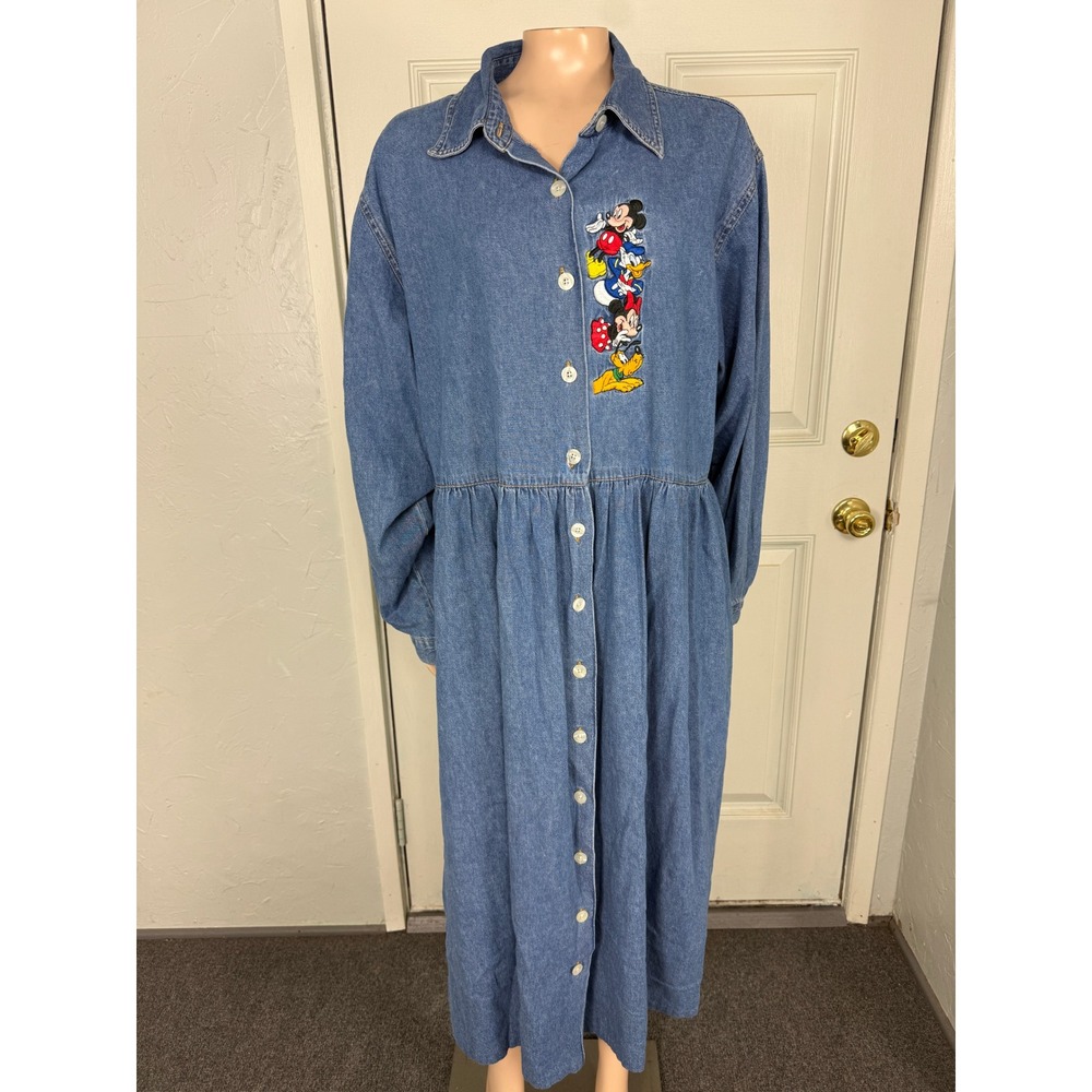 Vintage Y2K 90s Disney Catalog Women's Dress 2X Denim Button Mickey Mouse Vv4